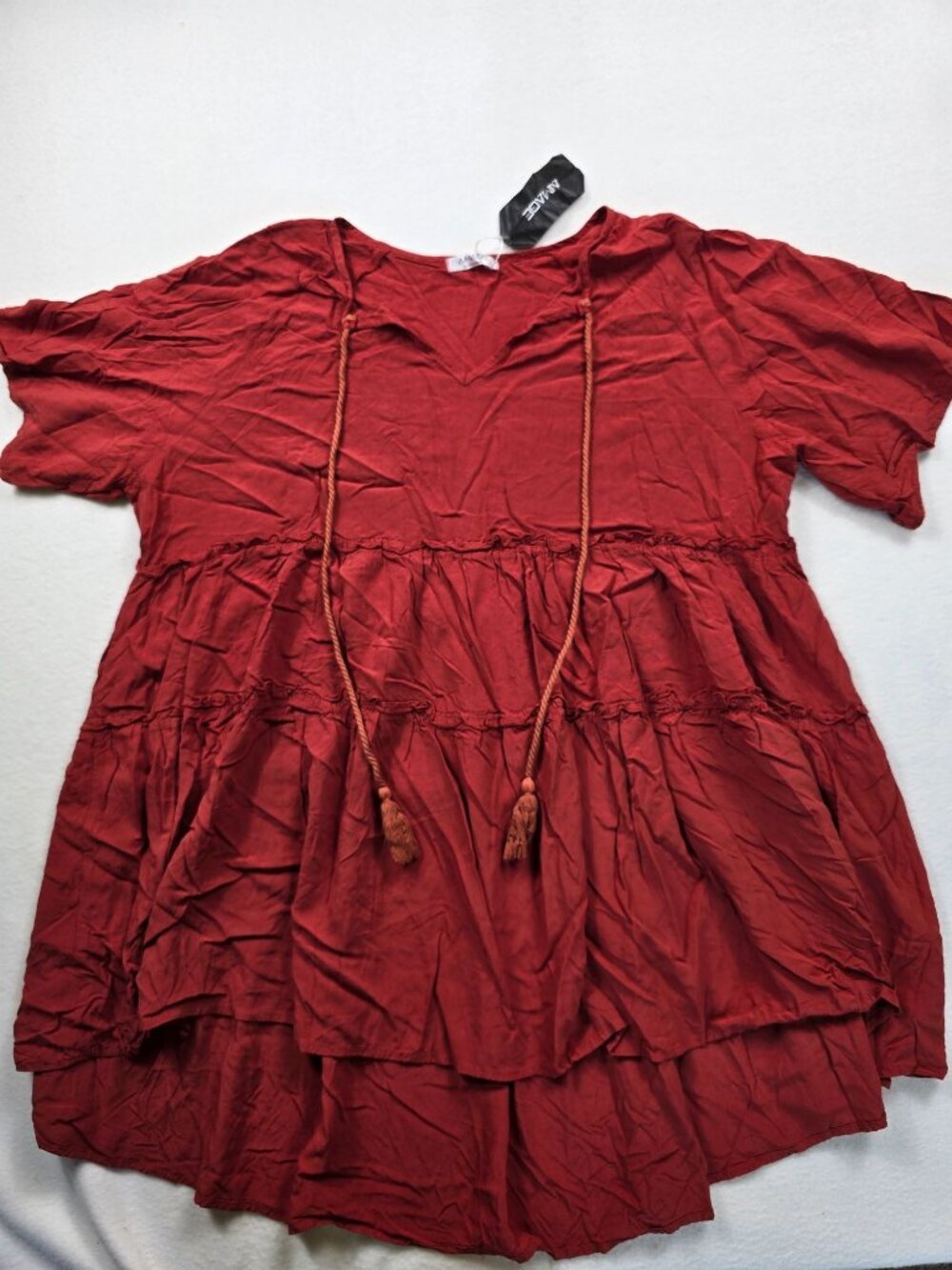 NEW Aimage XL Peasant Tunic Dress Swim Cover Up Rust Red Boho Tassel Ties